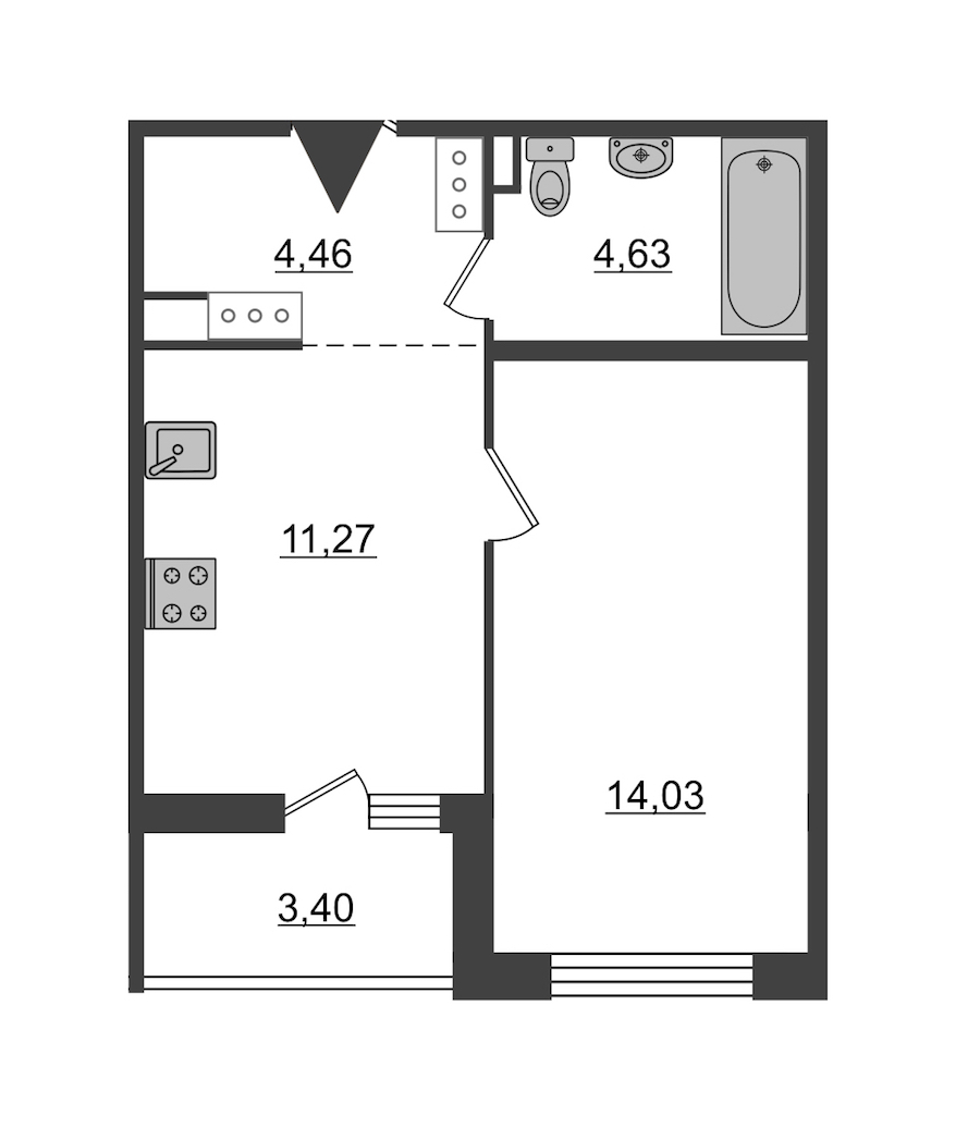 1-комнатная квартира 34.39 м², 12/14 эт., ЖК «Чёрная речка»